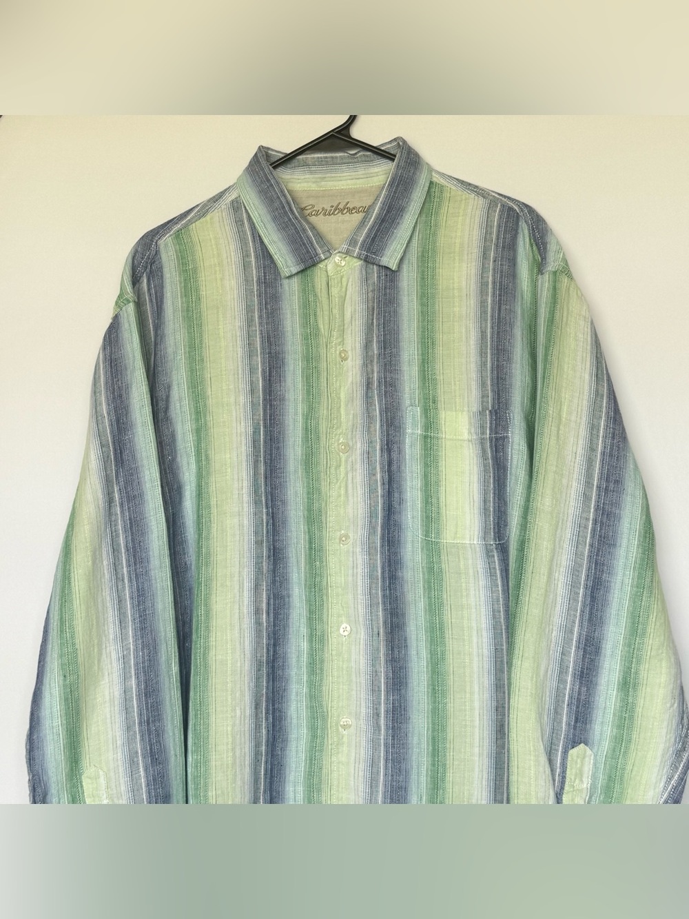 Caribbean Men's Blue Purple Green Striped Button-Down Shirt 88/12 Linen Cotton